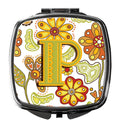 Letter P Floral Mustard and Green Compact Mirror Decorative Travel Makeup Mirror for Women Girls Gifts Pocket Makeup Mirror Folding Handheld