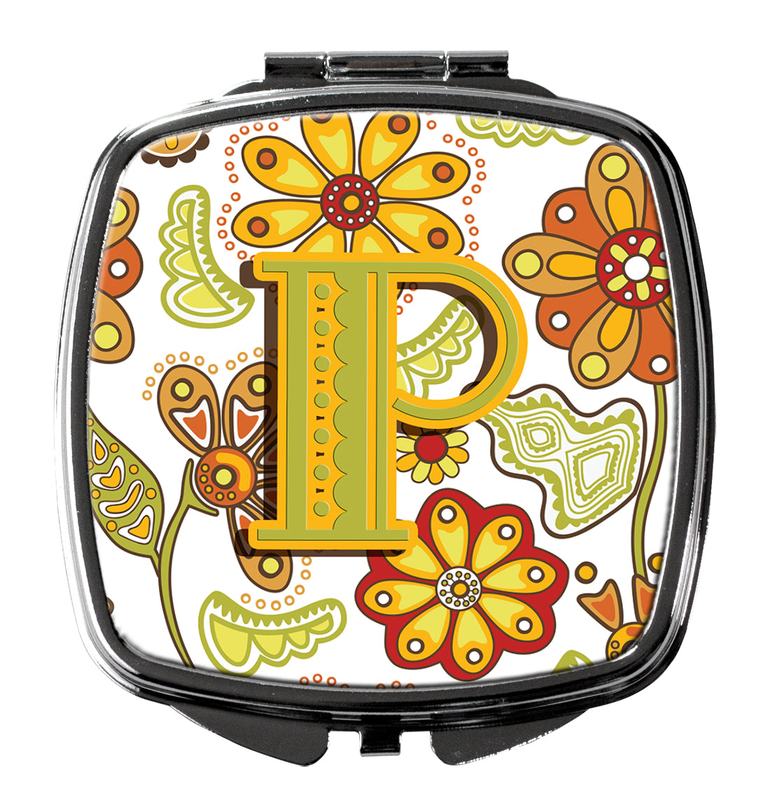Letter P Floral Mustard and Green Compact Mirror Decorative Travel Makeup Mirror for Women Girls Gifts Pocket Makeup Mirror Folding Handheld