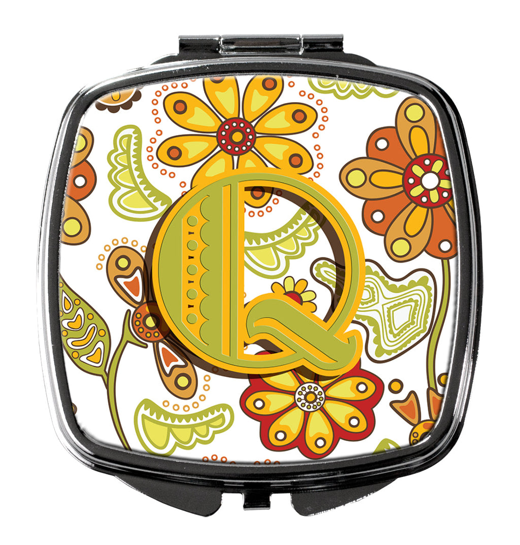 Letter Q Floral Mustard and Green Compact Mirror Decorative Travel Makeup Mirror for Women Girls Gifts Pocket Makeup Mirror Folding Handheld