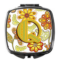 Letter Q Floral Mustard and Green Compact Mirror Decorative Travel Makeup Mirror for Women Girls Gifts Pocket Makeup Mirror Folding Handheld