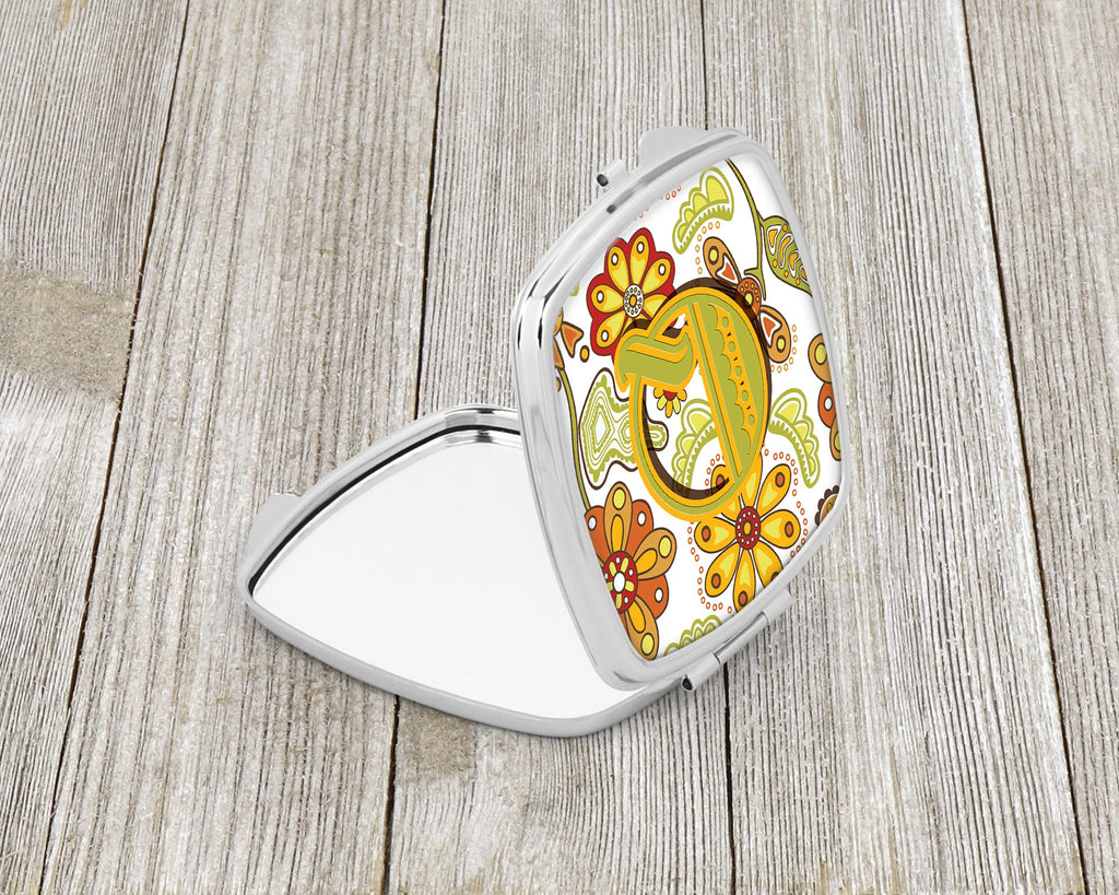 Letter Q Floral Mustard and Green Compact Mirror Decorative Travel Makeup Mirror for Women Girls Gifts Pocket Makeup Mirror Folding Handheld