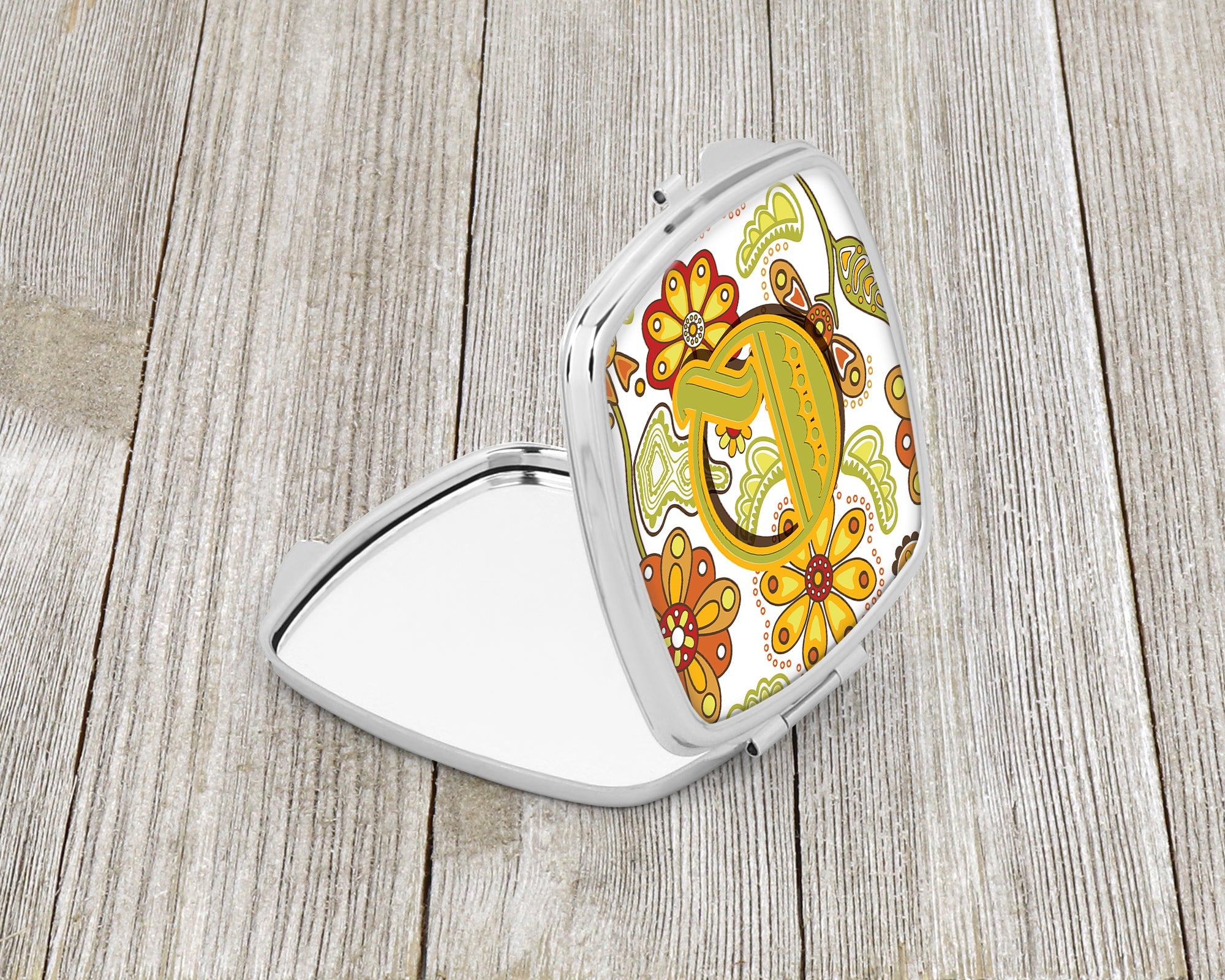 Letter Q Floral Mustard and Green Compact Mirror Decorative Travel Makeup Mirror for Women Girls Gifts Pocket Makeup Mirror Folding Handheld