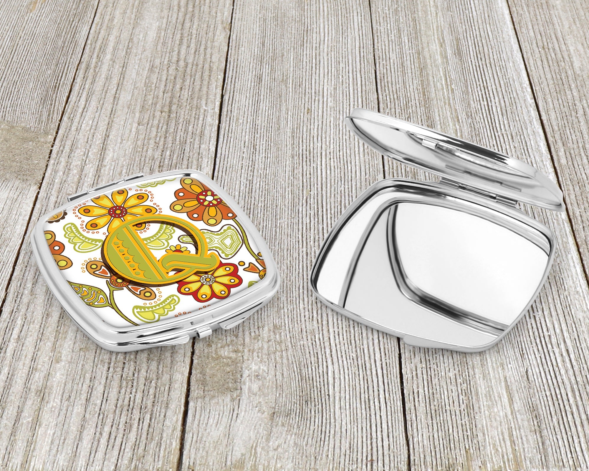 Letter Q Floral Mustard and Green Compact Mirror Decorative Travel Makeup Mirror for Women Girls Gifts Pocket Makeup Mirror Folding Handheld
