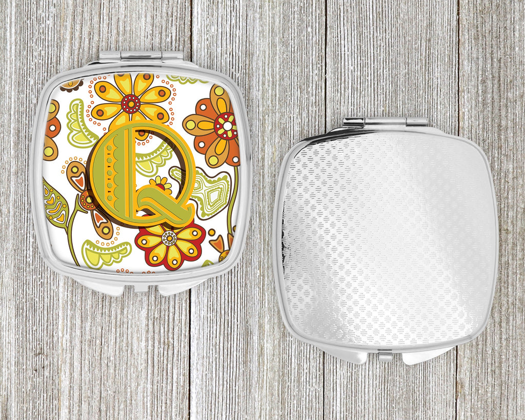 Letter Q Floral Mustard and Green Compact Mirror Decorative Travel Makeup Mirror for Women Girls Gifts Pocket Makeup Mirror Folding Handheld