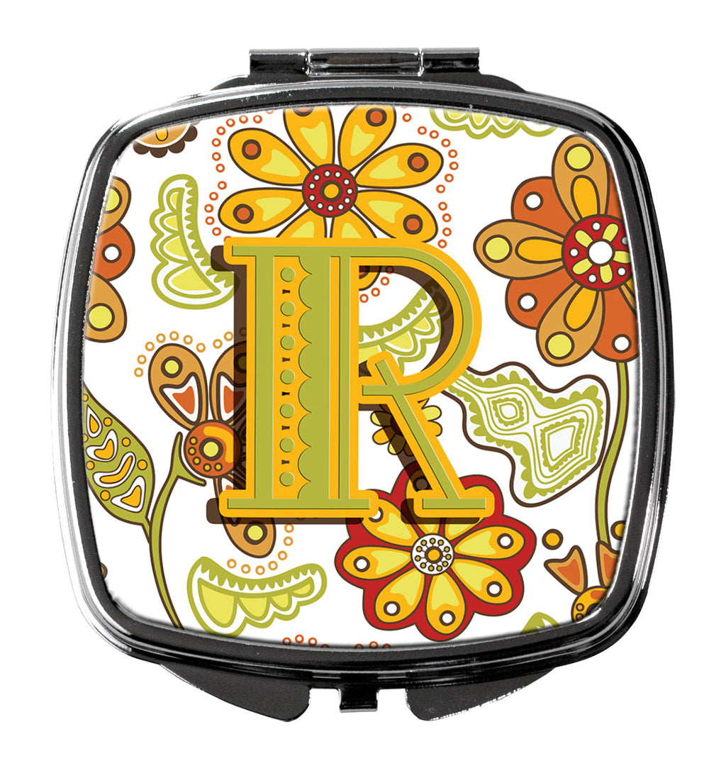 Letter R Floral Mustard and Green Compact Mirror Decorative Travel Makeup Mirror for Women Girls Gifts Pocket Makeup Mirror Folding Handheld