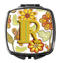Letter R Floral Mustard and Green Compact Mirror Decorative Travel Makeup Mirror for Women Girls Gifts Pocket Makeup Mirror Folding Handheld