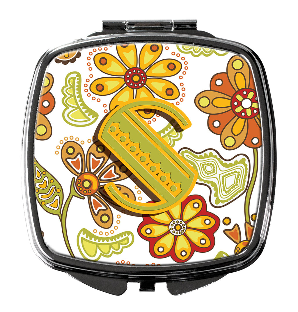 Letter S Floral Mustard and Green Compact Mirror Decorative Travel Makeup Mirror for Women Girls Gifts Pocket Makeup Mirror Folding Handheld