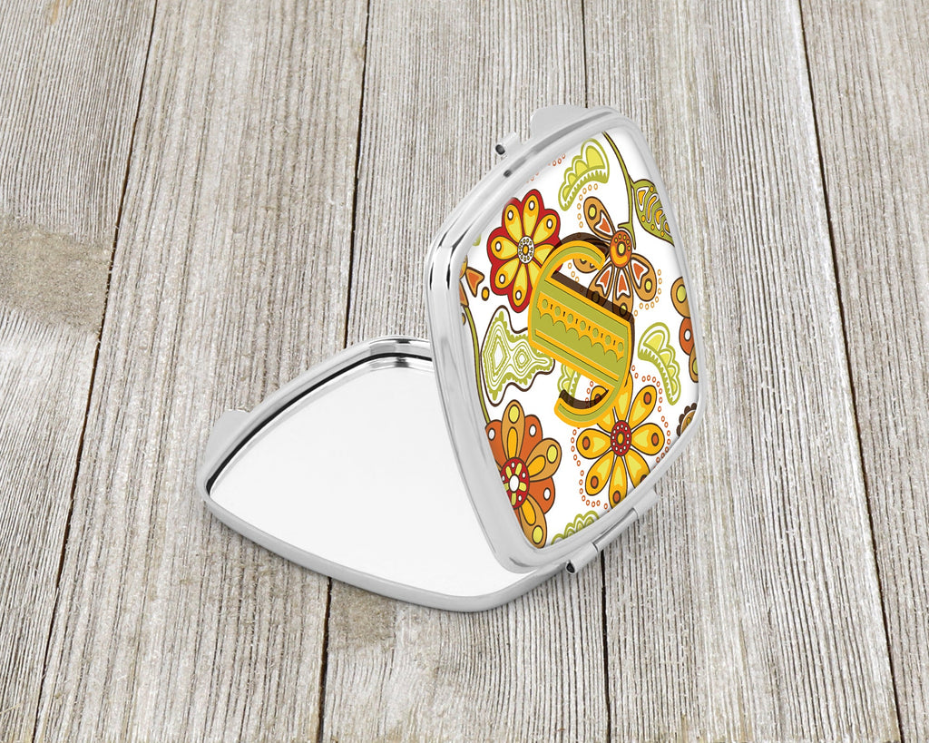 Letter S Floral Mustard and Green Compact Mirror Decorative Travel Makeup Mirror for Women Girls Gifts Pocket Makeup Mirror Folding Handheld