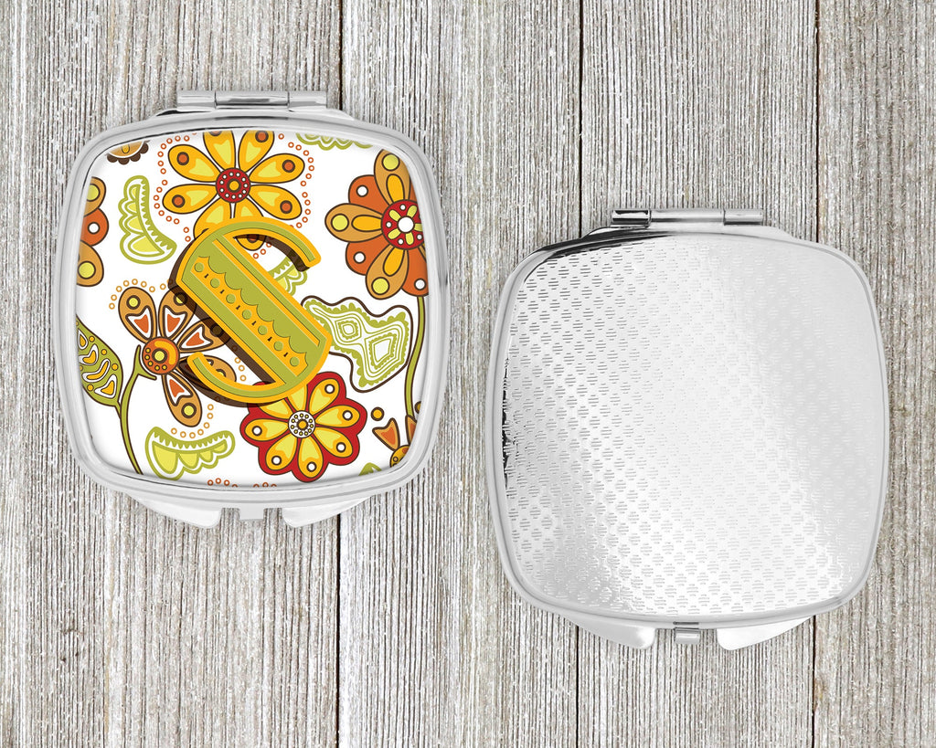 Letter S Floral Mustard and Green Compact Mirror Decorative Travel Makeup Mirror for Women Girls Gifts Pocket Makeup Mirror Folding Handheld