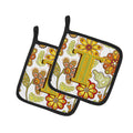 Letter T Floral Mustard and Green Pot Holder Set of 2 Heat Resistant Quilted Hot Pads 7.5 x 7.5 Inch, Insulated Kitchen Trivets for Cooking & Baking