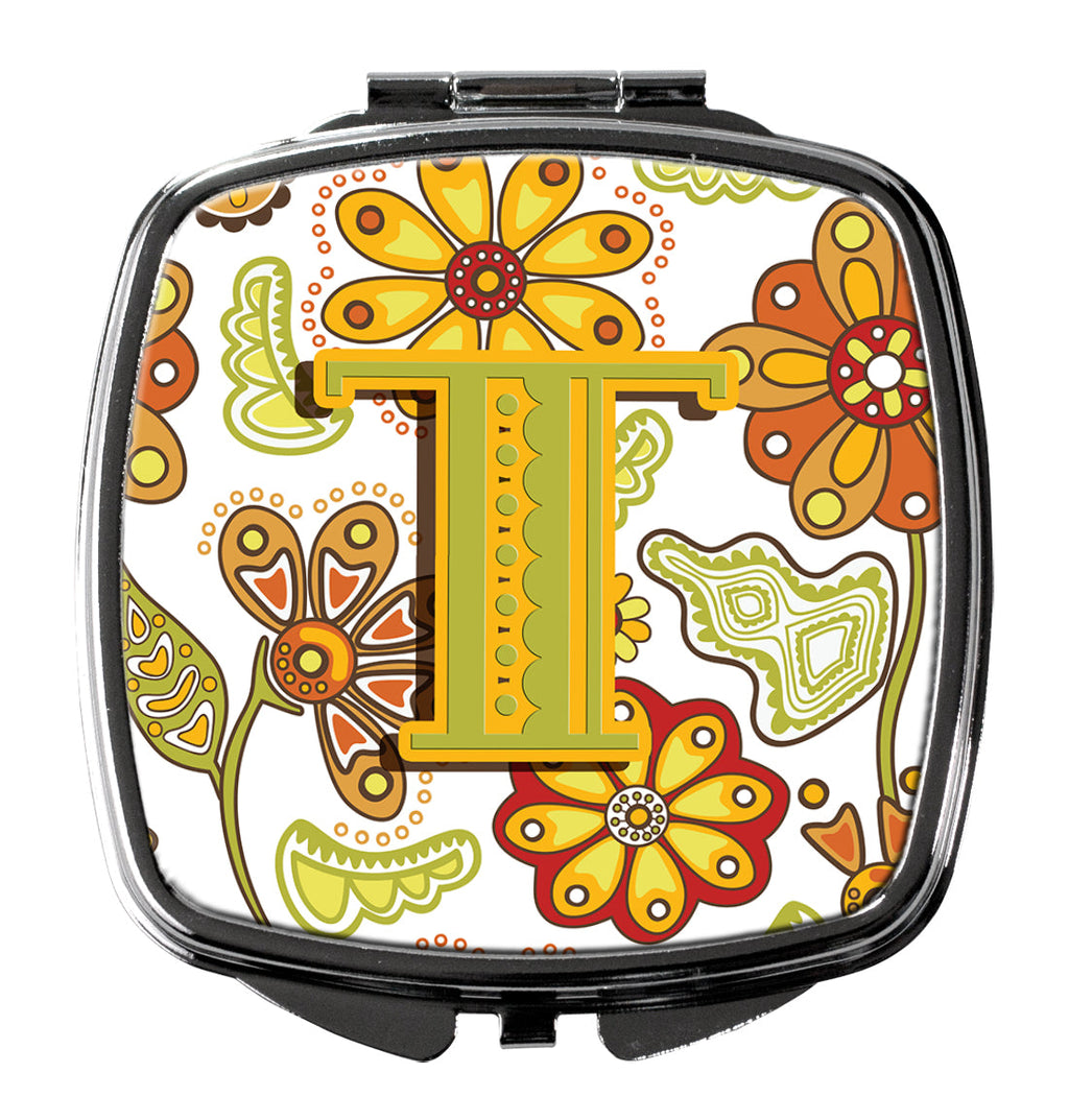 Letter T Floral Mustard and Green Compact Mirror Decorative Travel Makeup Mirror for Women Girls Gifts Pocket Makeup Mirror Folding Handheld
