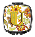 Letter U Floral Mustard and Green Compact Mirror Decorative Travel Makeup Mirror for Women Girls Gifts Pocket Makeup Mirror Folding Handheld
