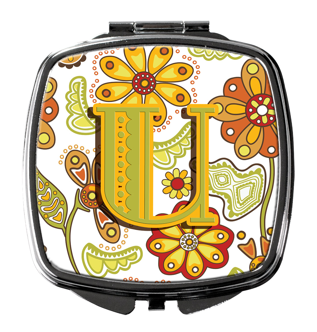 Letter U Floral Mustard and Green Compact Mirror Decorative Travel Makeup Mirror for Women Girls Gifts Pocket Makeup Mirror Folding Handheld