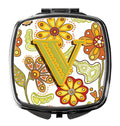 Letter V Floral Mustard and Green Compact Mirror Decorative Travel Makeup Mirror for Women Girls Gifts Pocket Makeup Mirror Folding Handheld