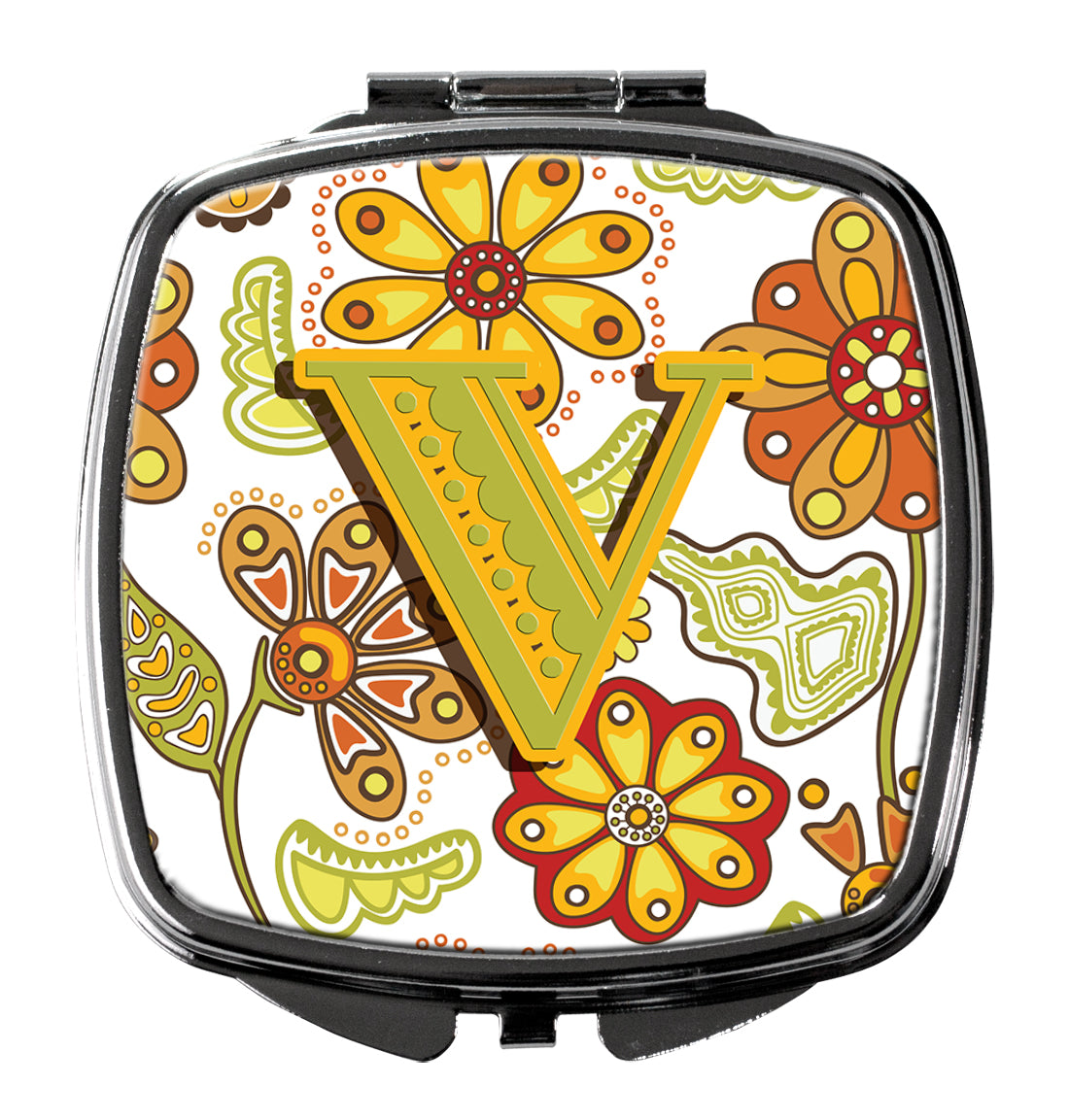 Letter V Floral Mustard and Green Compact Mirror Decorative Travel Makeup Mirror for Women Girls Gifts Pocket Makeup Mirror Folding Handheld