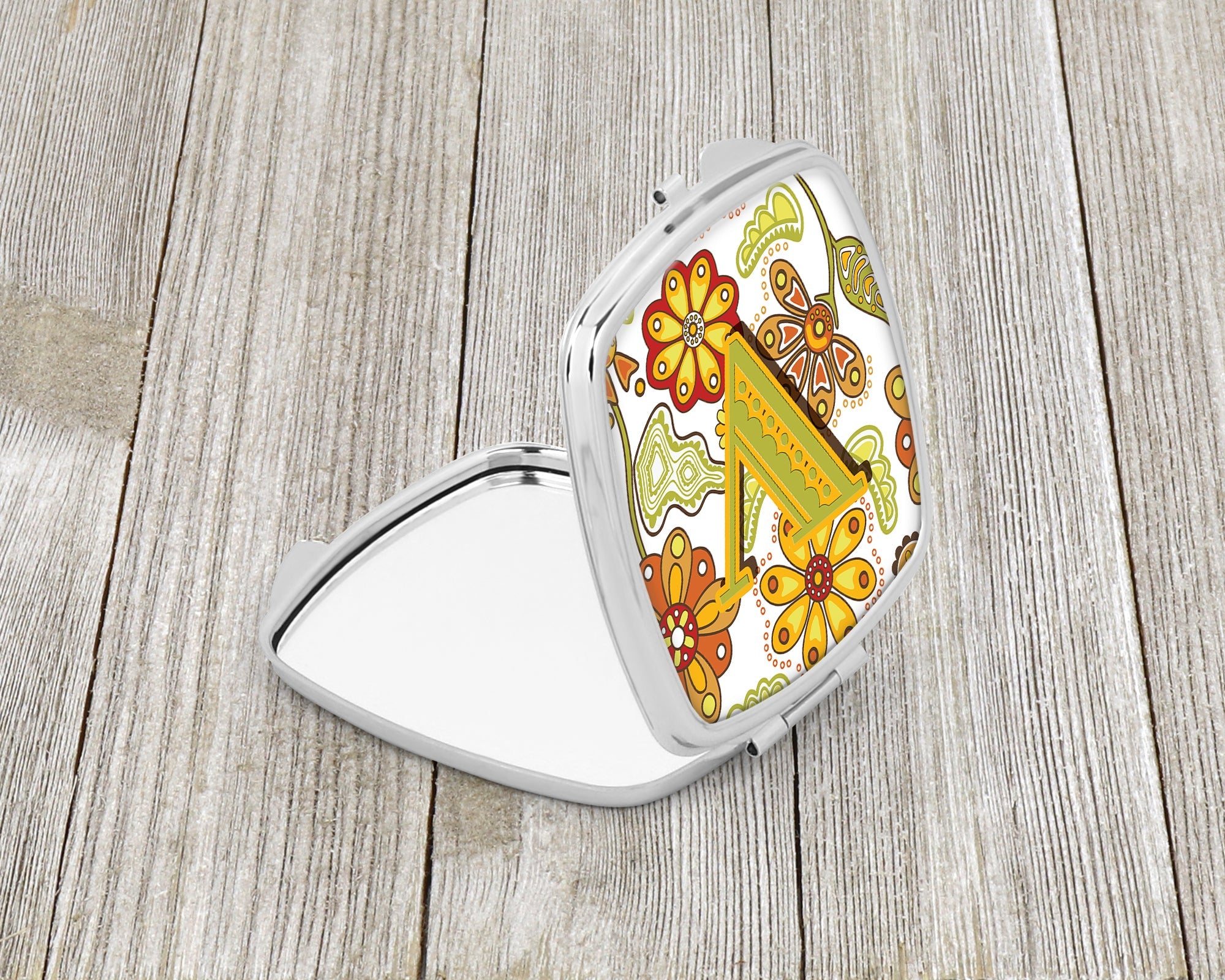 Letter V Floral Mustard and Green Compact Mirror Decorative Travel Makeup Mirror for Women Girls Gifts Pocket Makeup Mirror Folding Handheld