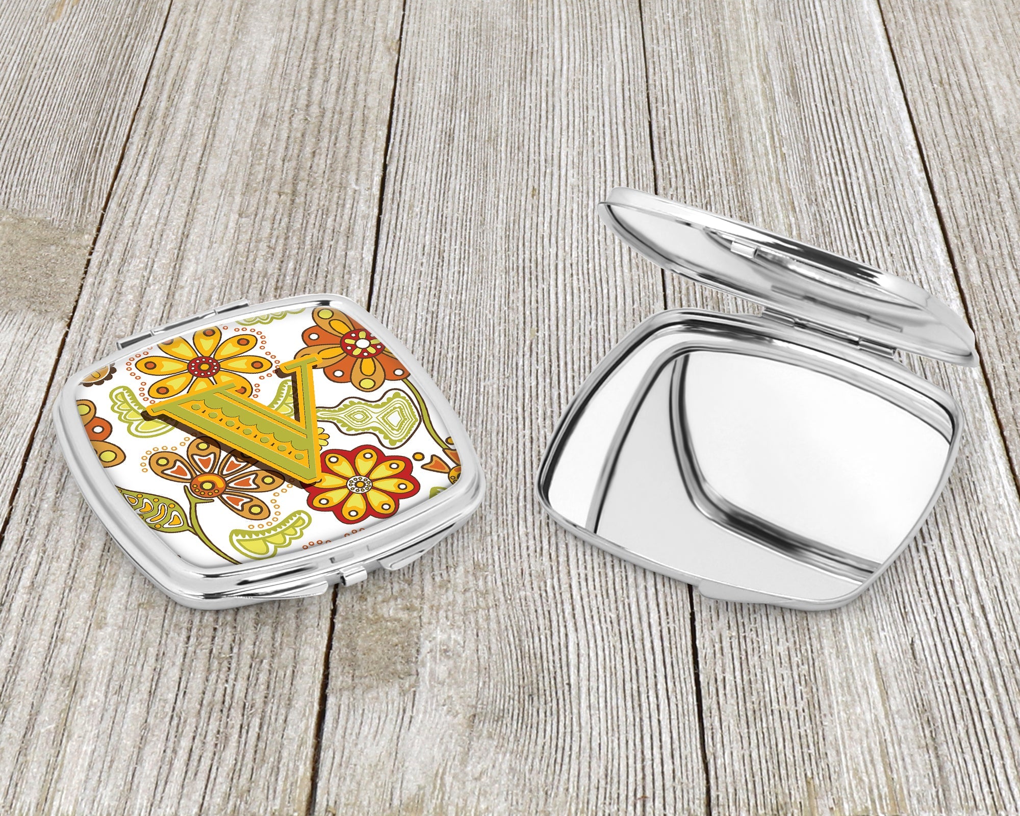 Letter V Floral Mustard and Green Compact Mirror Decorative Travel Makeup Mirror for Women Girls Gifts Pocket Makeup Mirror Folding Handheld