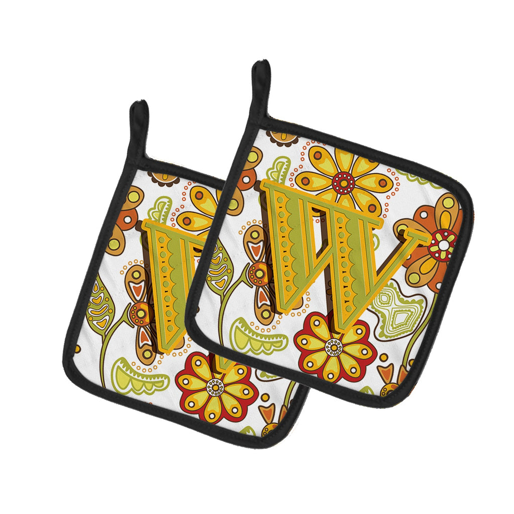 Letter W Floral Mustard and Green Pot Holder Set of 2 Heat Resistant Quilted Hot Pads 7.5 x 7.5 Inch, Insulated Kitchen Trivets for Cooking & Baking