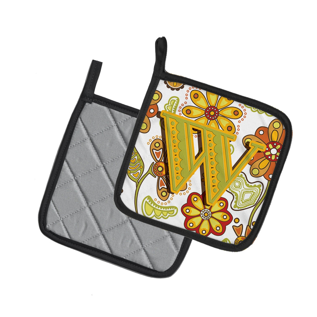 Letter W Floral Mustard and Green Pot Holder Set of 2 Heat Resistant Quilted Hot Pads 7.5 x 7.5 Inch, Insulated Kitchen Trivets for Cooking & Baking