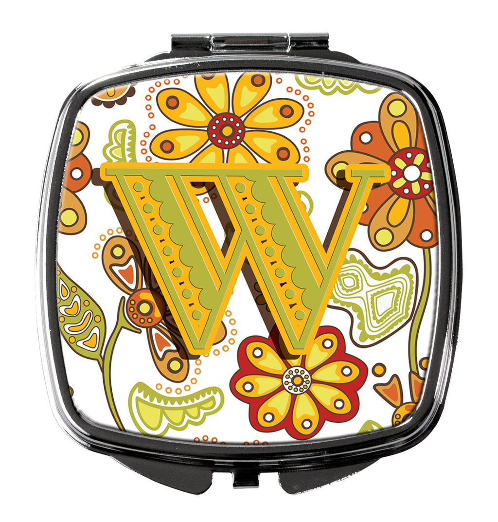 Letter W Floral Mustard and Green Compact Mirror Decorative Travel Makeup Mirror for Women Girls Gifts Pocket Makeup Mirror Folding Handheld