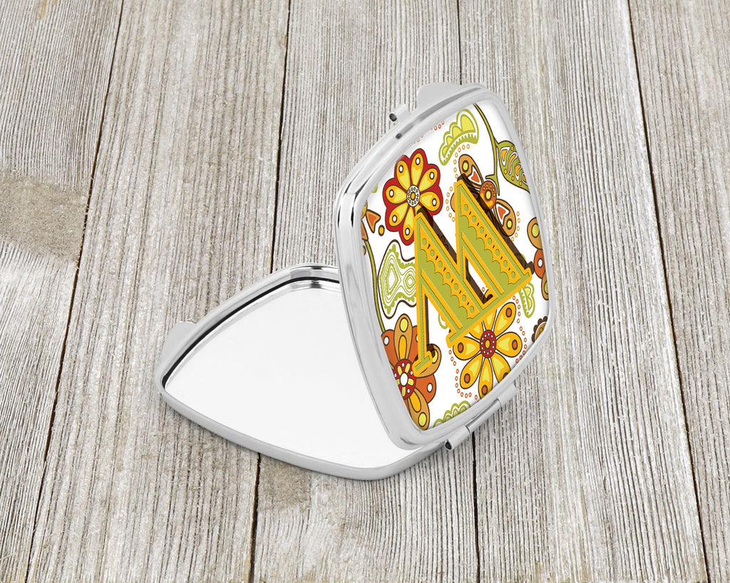 Letter W Floral Mustard and Green Compact Mirror Decorative Travel Makeup Mirror for Women Girls Gifts Pocket Makeup Mirror Folding Handheld
