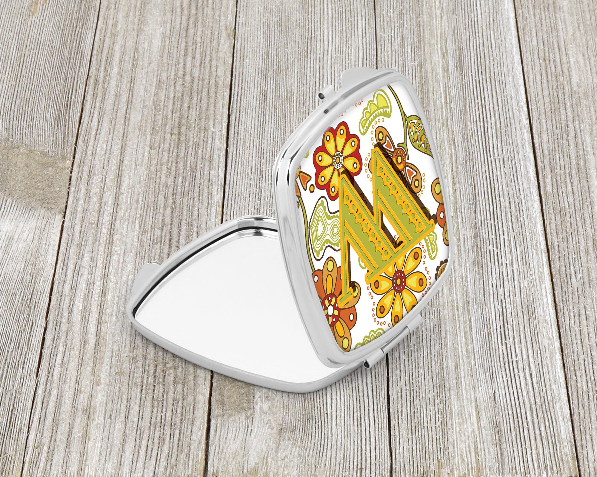 Letter W Floral Mustard and Green Compact Mirror Decorative Travel Makeup Mirror for Women Girls Gifts Pocket Makeup Mirror Folding Handheld
