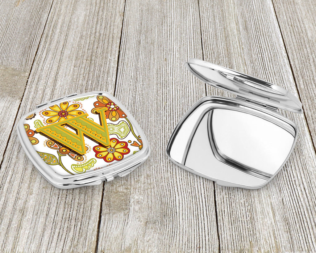 Letter W Floral Mustard and Green Compact Mirror Decorative Travel Makeup Mirror for Women Girls Gifts Pocket Makeup Mirror Folding Handheld