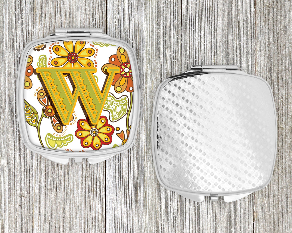 Letter W Floral Mustard and Green Compact Mirror Decorative Travel Makeup Mirror for Women Girls Gifts Pocket Makeup Mirror Folding Handheld
