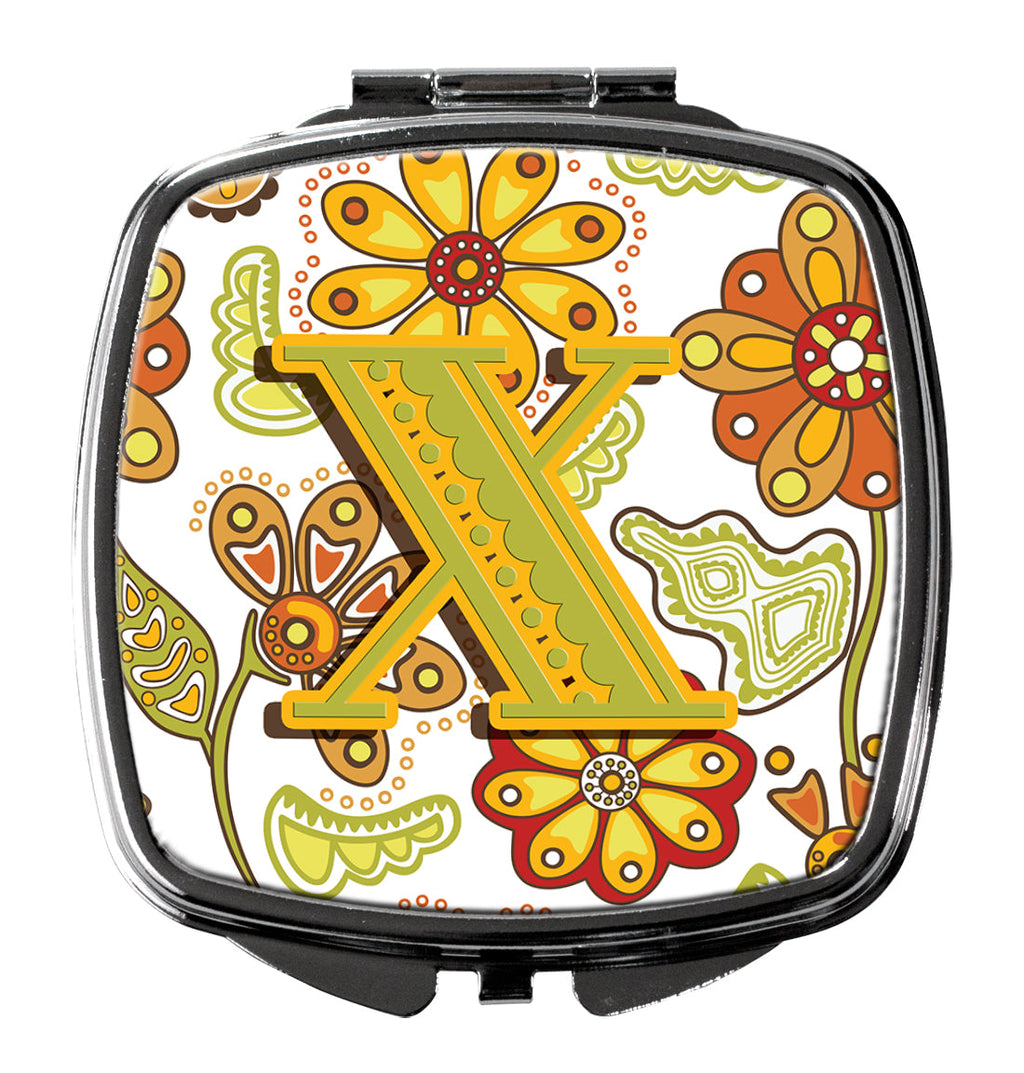 Letter X Floral Mustard and Green Compact Mirror Decorative Travel Makeup Mirror for Women Girls Gifts Pocket Makeup Mirror Folding Handheld