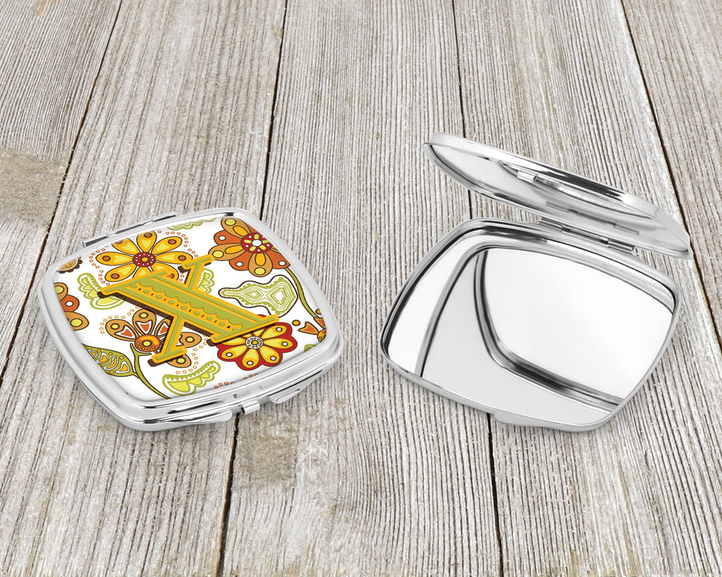 Letter X Floral Mustard and Green Compact Mirror Decorative Travel Makeup Mirror for Women Girls Gifts Pocket Makeup Mirror Folding Handheld