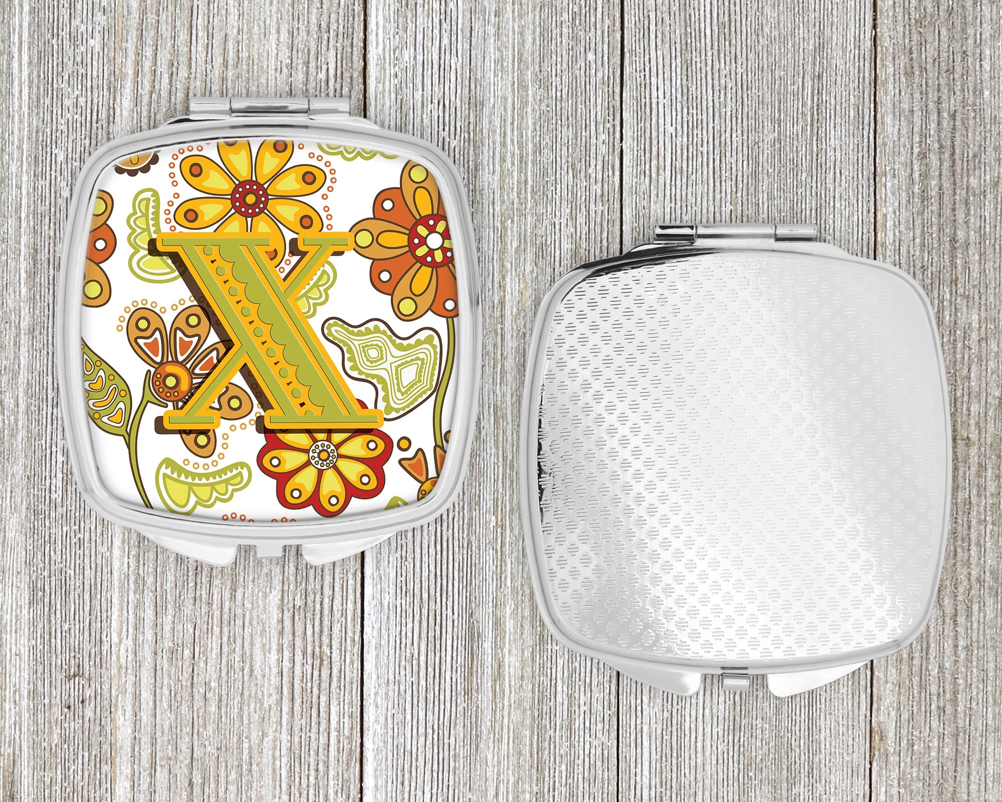 Letter X Floral Mustard and Green Compact Mirror Decorative Travel Makeup Mirror for Women Girls Gifts Pocket Makeup Mirror Folding Handheld