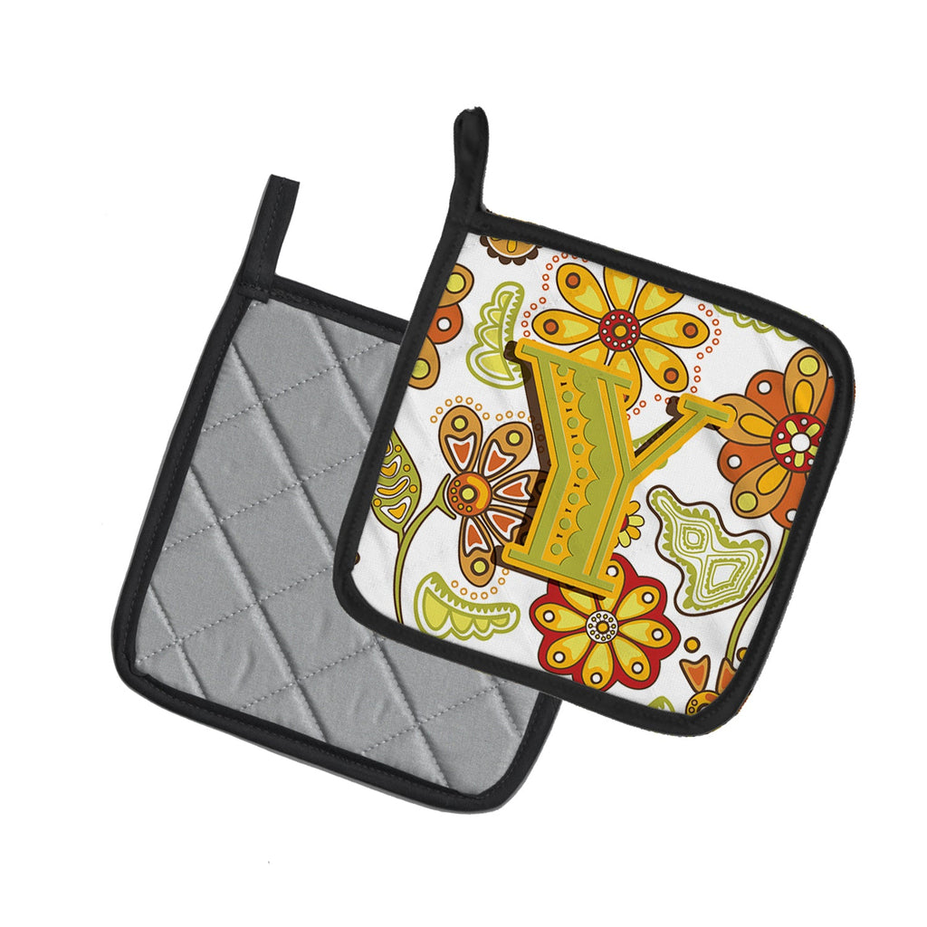 Letter Y Floral Mustard and Green Pot Holder Set of 2 Heat Resistant Quilted Hot Pads 7.5 x 7.5 Inch, Insulated Kitchen Trivets for Cooking & Baking