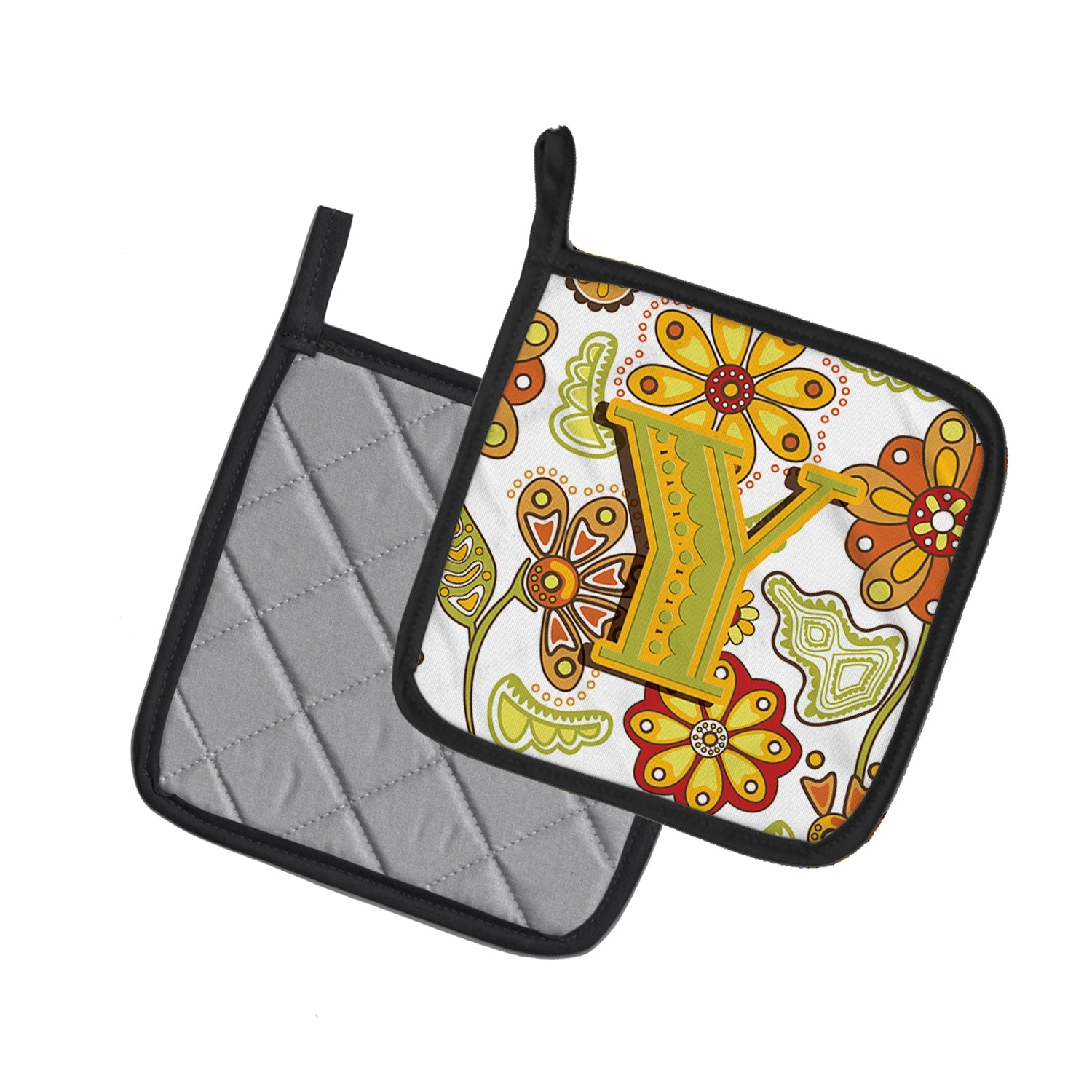 Letter Y Floral Mustard and Green Pot Holder Set of 2 Heat Resistant Quilted Hot Pads 7.5 x 7.5 Inch, Insulated Kitchen Trivets for Cooking & Baking