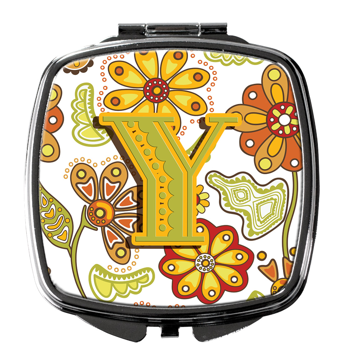 Letter Y Floral Mustard and Green Compact Mirror Decorative Travel Makeup Mirror for Women Girls Gifts Pocket Makeup Mirror Folding Handheld