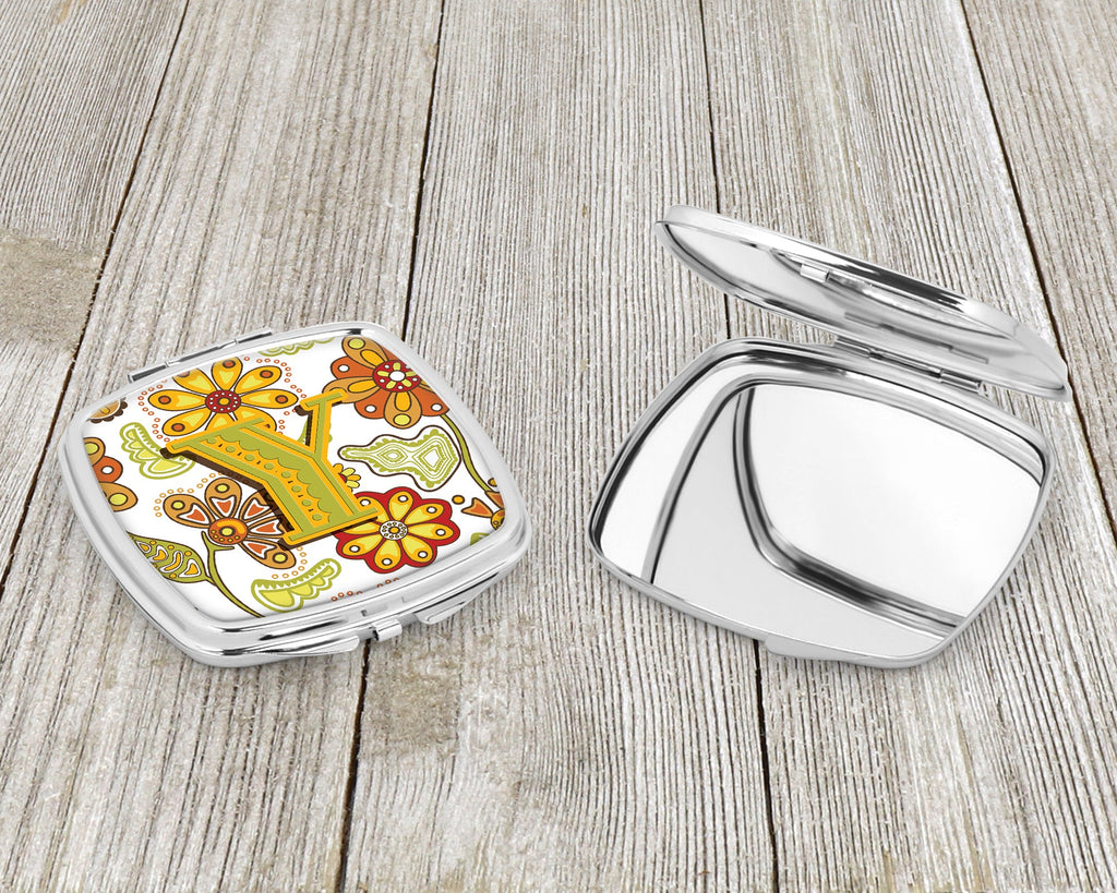 Letter Y Floral Mustard and Green Compact Mirror Decorative Travel Makeup Mirror for Women Girls Gifts Pocket Makeup Mirror Folding Handheld