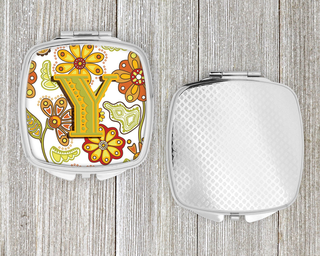 Letter Y Floral Mustard and Green Compact Mirror Decorative Travel Makeup Mirror for Women Girls Gifts Pocket Makeup Mirror Folding Handheld