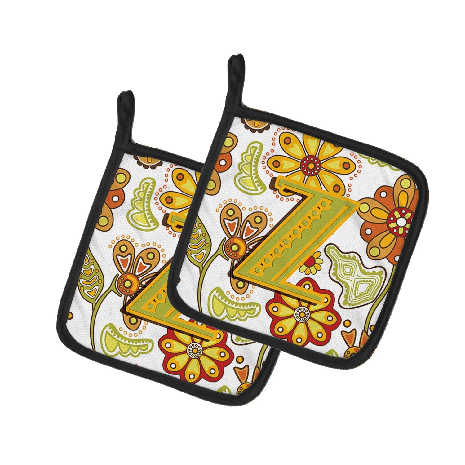 Letter Z Floral Mustard and Green Pot Holder Set of 2 Heat Resistant Quilted Hot Pads 7.5 x 7.5 Inch, Insulated Kitchen Trivets for Cooking & Baking