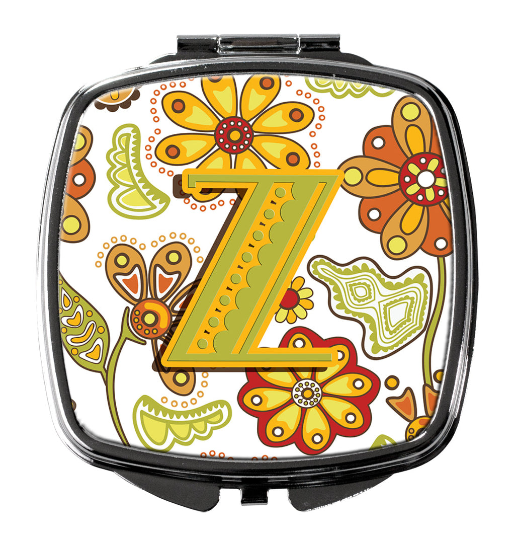 Letter Z Floral Mustard and Green Compact Mirror Decorative Travel Makeup Mirror for Women Girls Gifts Pocket Makeup Mirror Folding Handheld