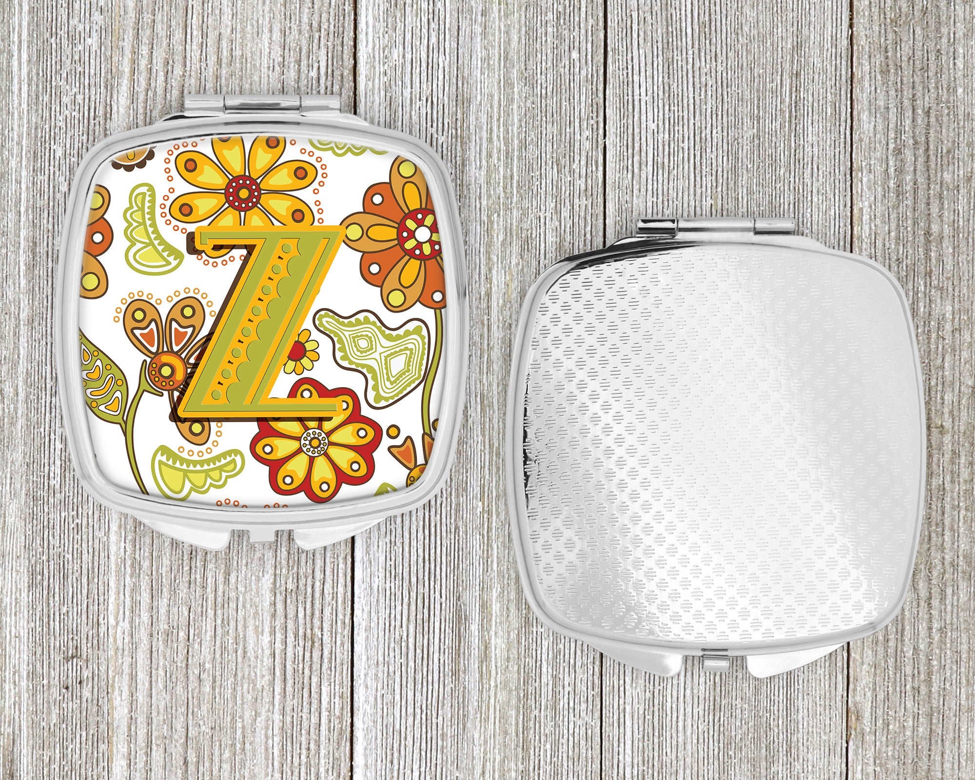 Letter Z Floral Mustard and Green Compact Mirror Decorative Travel Makeup Mirror for Women Girls Gifts Pocket Makeup Mirror Folding Handheld