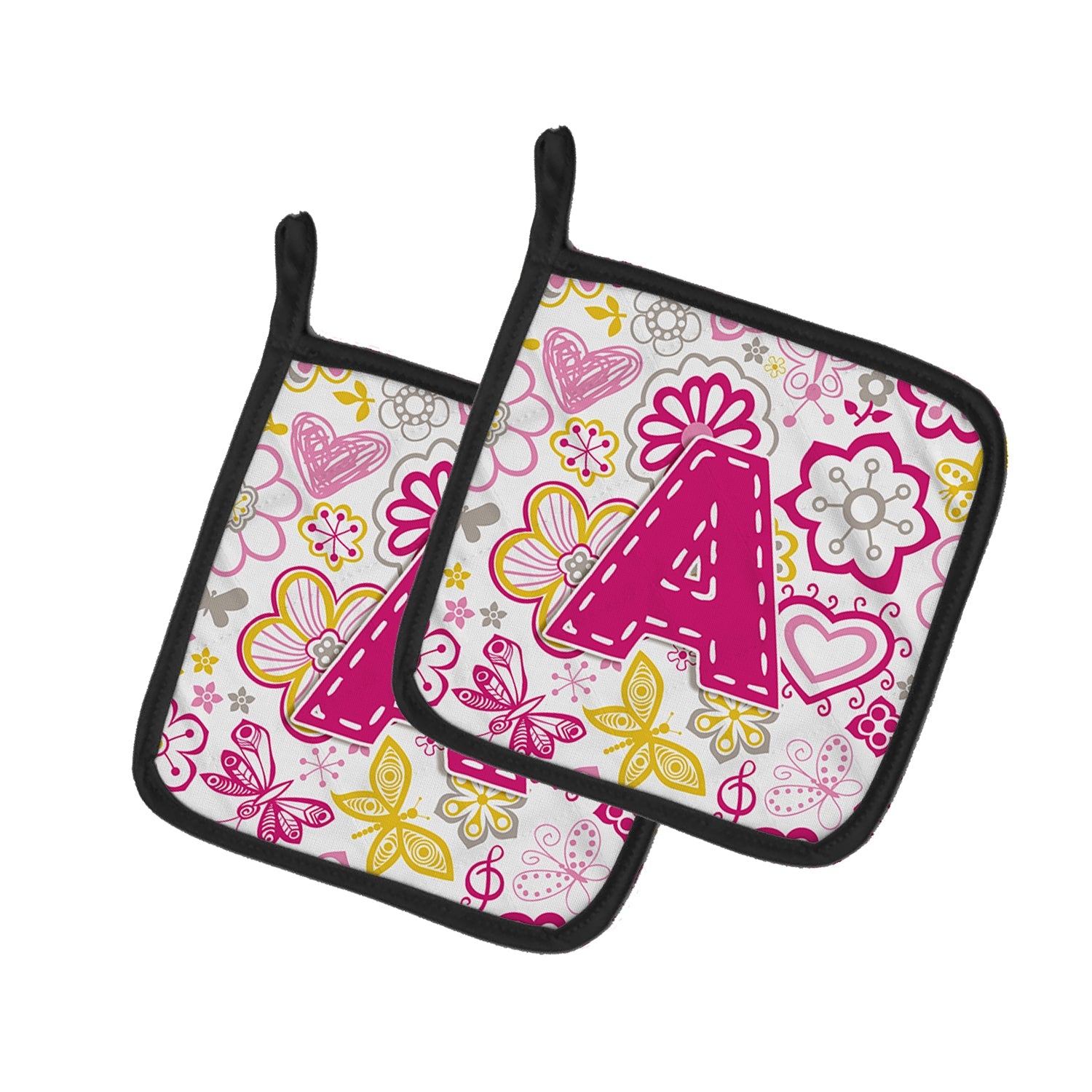 Letter A Flowers and Butterflies Pink Pot Holder Set of 2 Heat Resistant Quilted Hot Pads 7.5 x 7.5 Inch, Insulated Kitchen Trivets for Cooking & Baking