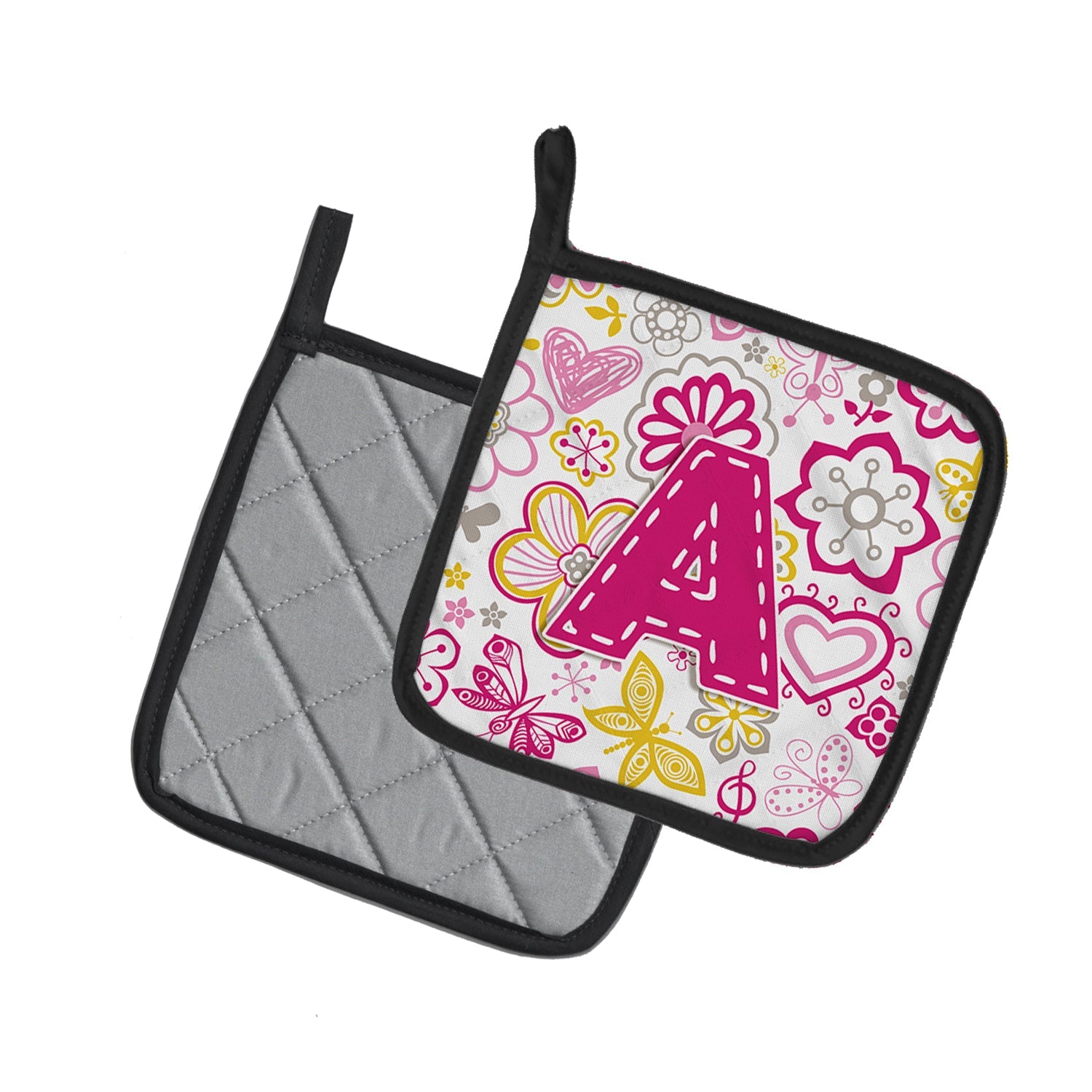 Letter A Flowers and Butterflies Pink Pot Holder Set of 2 Heat Resistant Quilted Hot Pads 7.5 x 7.5 Inch, Insulated Kitchen Trivets for Cooking & Baking