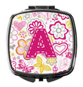 Letter A Flowers and Butterflies Pink Compact Mirror Decorative Travel Makeup Mirror for Women Girls Gifts Pocket Makeup Mirror Folding Handheld