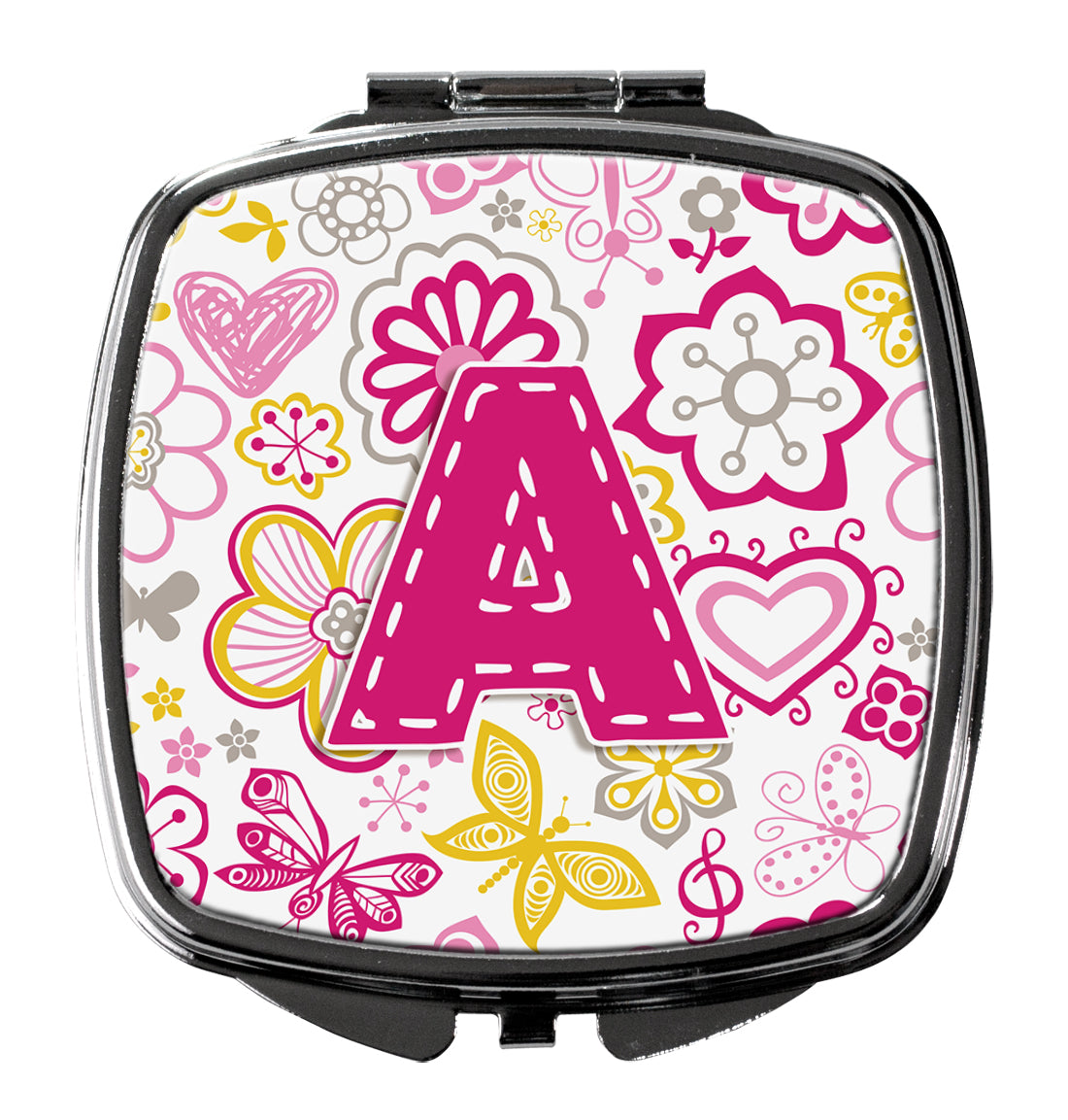 Letter A Flowers and Butterflies Pink Compact Mirror Decorative Travel Makeup Mirror for Women Girls Gifts Pocket Makeup Mirror Folding Handheld