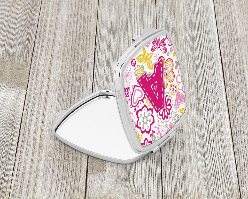 Letter A Flowers and Butterflies Pink Compact Mirror Decorative Travel Makeup Mirror for Women Girls Gifts Pocket Makeup Mirror Folding Handheld