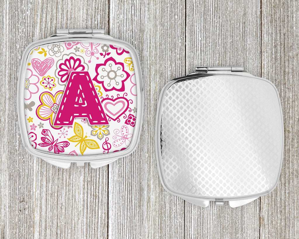 Letter A Flowers and Butterflies Pink Compact Mirror Decorative Travel Makeup Mirror for Women Girls Gifts Pocket Makeup Mirror Folding Handheld