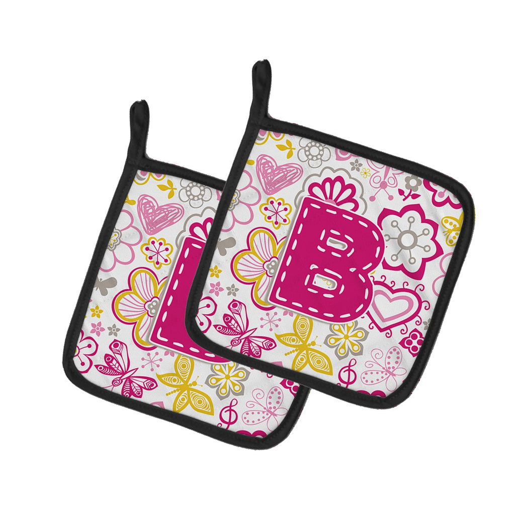 Letter B Flowers and Butterflies Pink Pot Holder Set of 2 Heat Resistant Quilted Hot Pads 7.5 x 7.5 Inch, Insulated Kitchen Trivets for Cooking & Baking