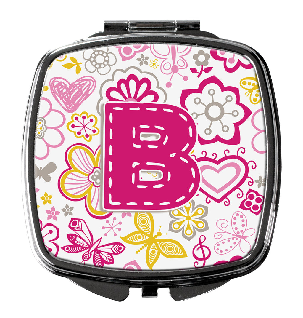 Letter B Flowers and Butterflies Pink Compact Mirror Decorative Travel Makeup Mirror for Women Girls Gifts Pocket Makeup Mirror Folding Handheld