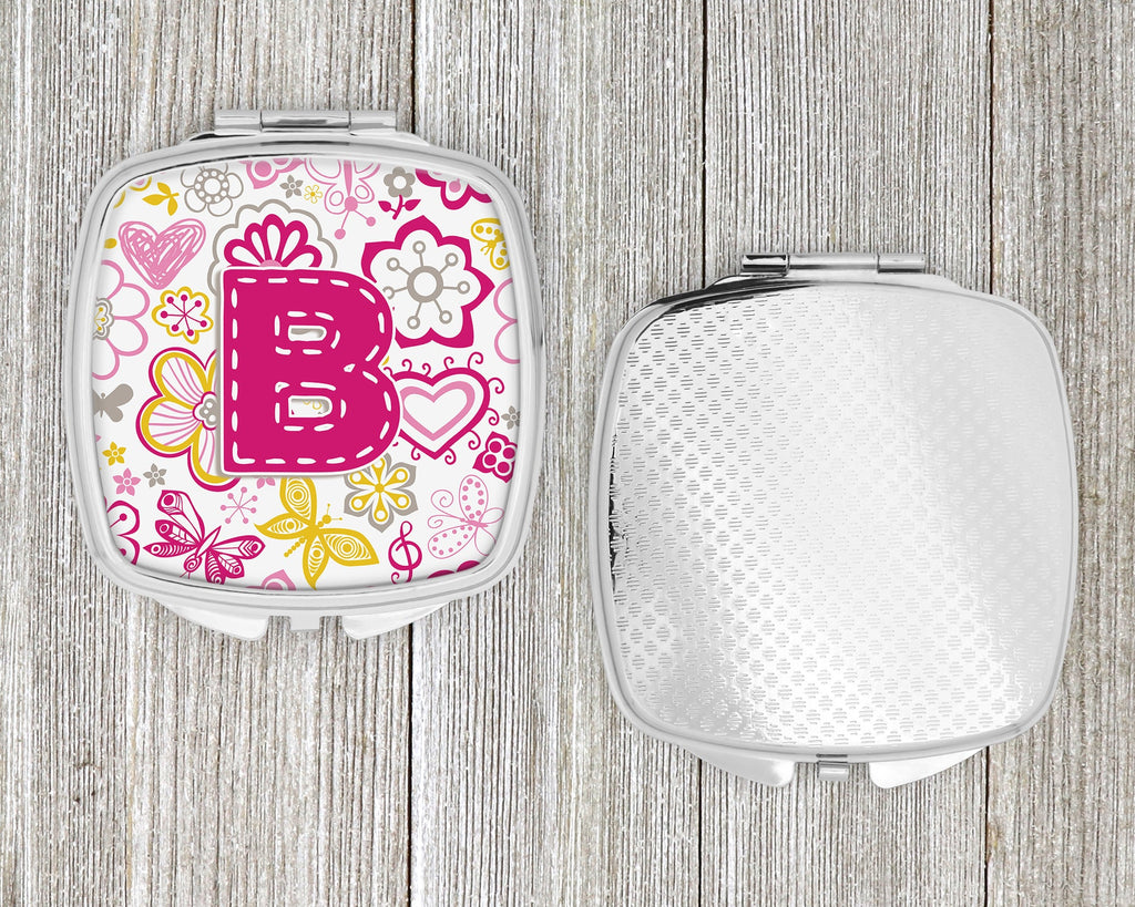 Letter B Flowers and Butterflies Pink Compact Mirror Decorative Travel Makeup Mirror for Women Girls Gifts Pocket Makeup Mirror Folding Handheld