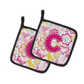 Letter C Flowers and Butterflies Pink Pot Holder Set of 2 Heat Resistant Quilted Hot Pads 7.5 x 7.5 Inch, Insulated Kitchen Trivets for Cooking & Baking