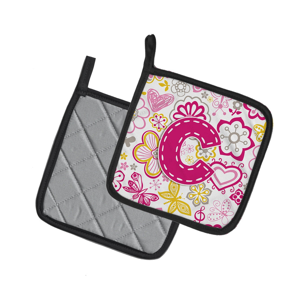 Letter C Flowers and Butterflies Pink Pot Holder Set of 2 Heat Resistant Quilted Hot Pads 7.5 x 7.5 Inch, Insulated Kitchen Trivets for Cooking & Baking